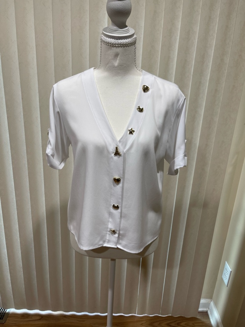 Karl Lagerfeld White V-Neck Blouse with Gold Accent Buttons
